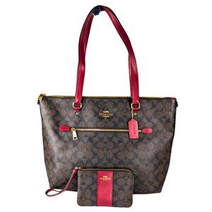 Coach Signature Brown Coated Canvas Gallery Tote Red Leather w/Wristlet 79609
